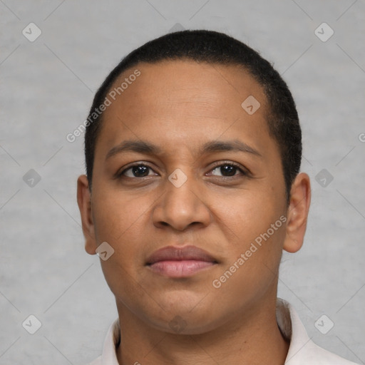 Neutral latino young-adult female with short  brown hair and brown eyes