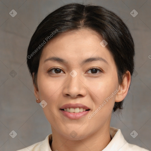 Joyful white young-adult female with medium  brown hair and brown eyes