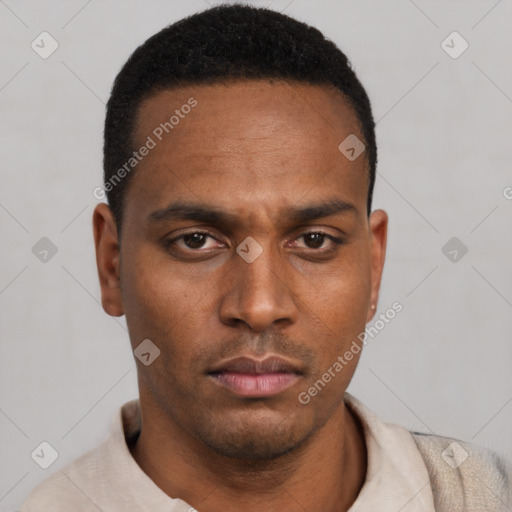 Neutral latino young-adult male with short  black hair and brown eyes