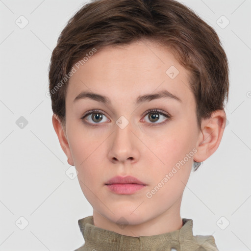 Neutral white young-adult female with short  brown hair and brown eyes