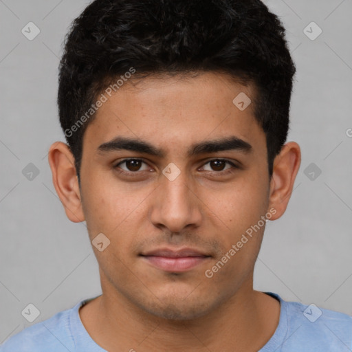 Neutral latino young-adult male with short  brown hair and brown eyes