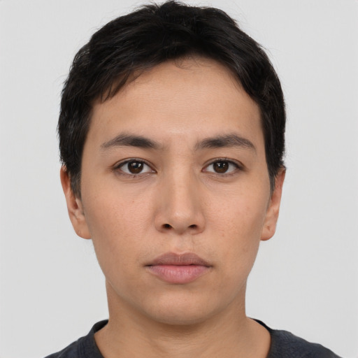 Neutral white young-adult male with short  black hair and brown eyes