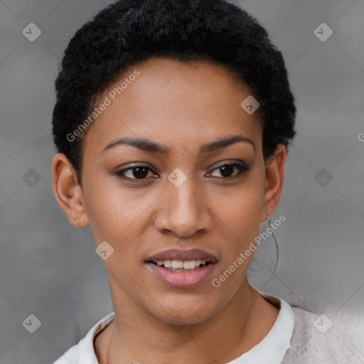 Joyful latino young-adult female with short  brown hair and brown eyes