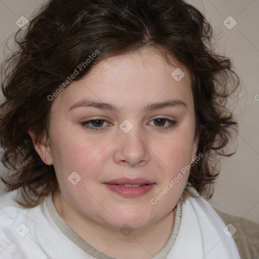 Joyful white child female with medium  brown hair and brown eyes