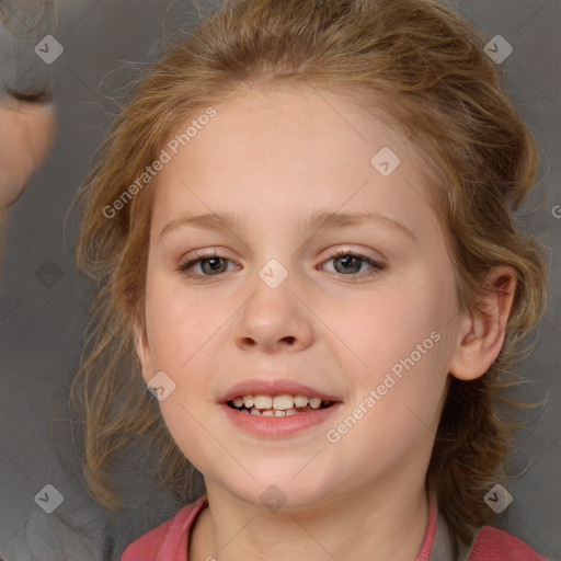 Joyful white child female with medium  brown hair and brown eyes