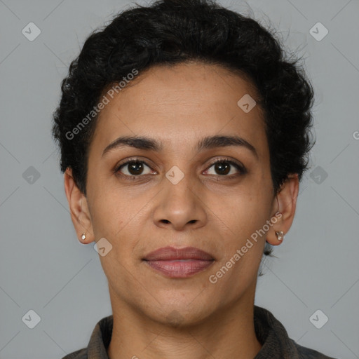 Joyful latino young-adult female with short  brown hair and brown eyes