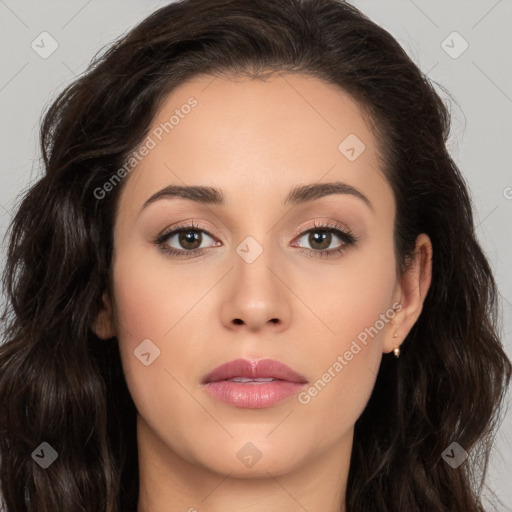 Neutral white young-adult female with long  brown hair and brown eyes