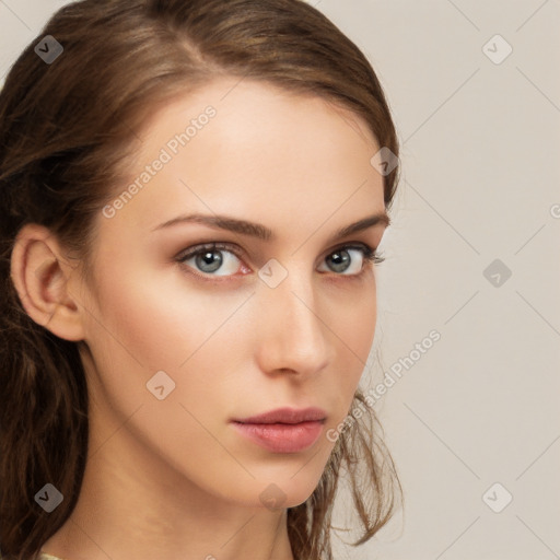 Neutral white young-adult female with long  brown hair and grey eyes