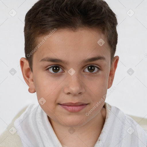 Joyful white child male with short  brown hair and brown eyes