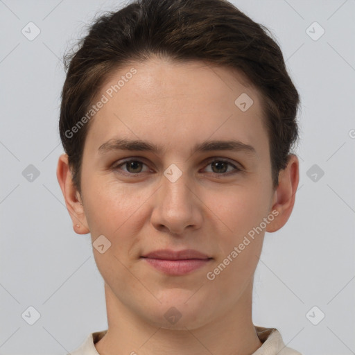 Joyful white young-adult female with short  brown hair and brown eyes