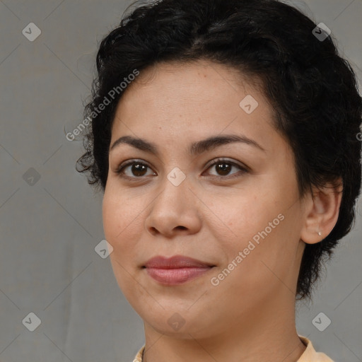 Joyful latino young-adult female with short  brown hair and brown eyes