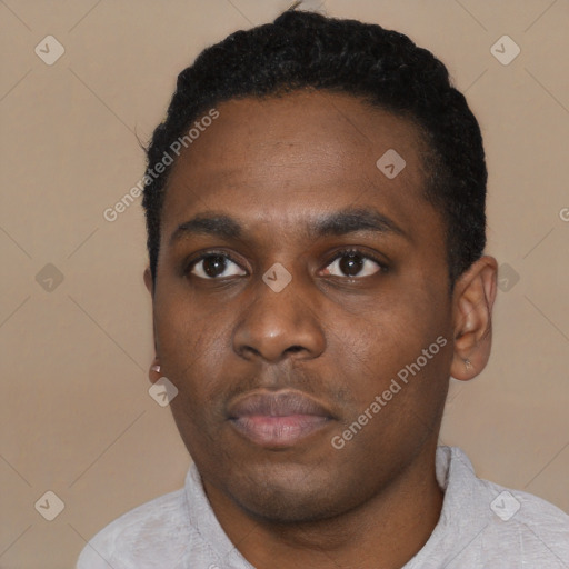 Neutral black young-adult male with short  black hair and brown eyes