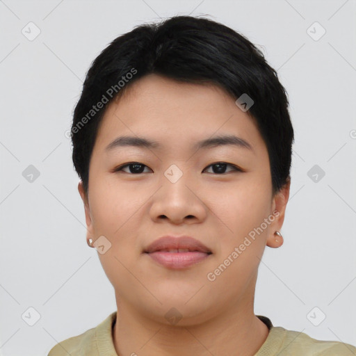 Neutral asian young-adult female with short  black hair and brown eyes