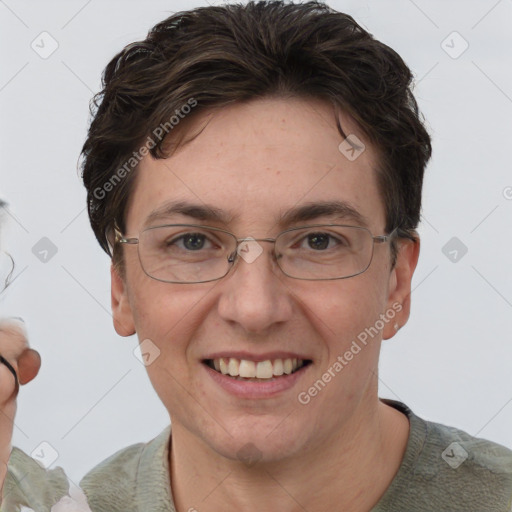 Joyful white adult female with short  brown hair and brown eyes