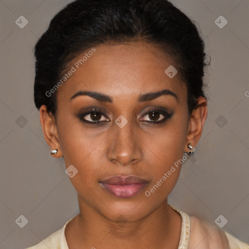 Neutral latino young-adult female with short  brown hair and brown eyes
