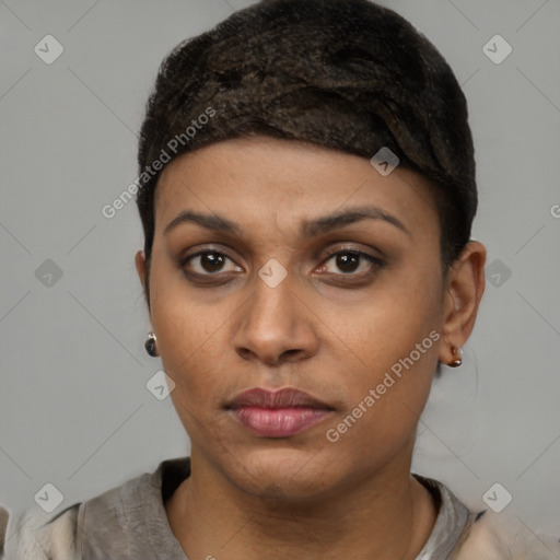 Neutral black young-adult female with short  black hair and brown eyes