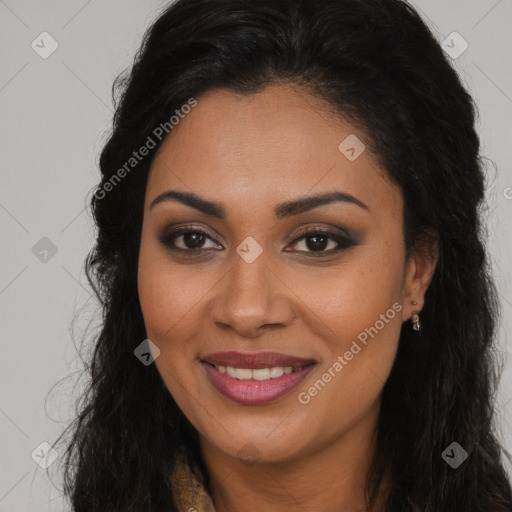 Joyful latino young-adult female with long  brown hair and brown eyes