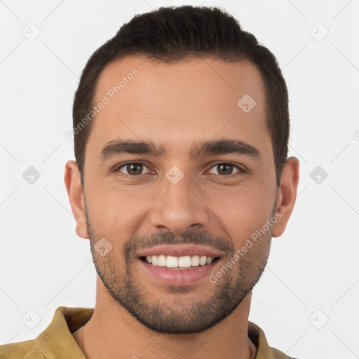 Joyful white young-adult male with short  brown hair and brown eyes