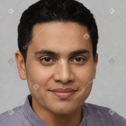 Joyful latino young-adult male with short  brown hair and brown eyes