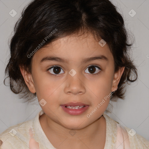 Joyful white child female with medium  brown hair and brown eyes