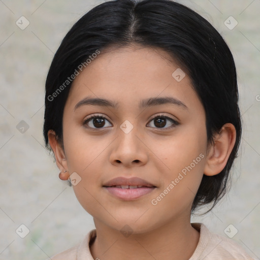 Joyful latino young-adult female with medium  black hair and brown eyes