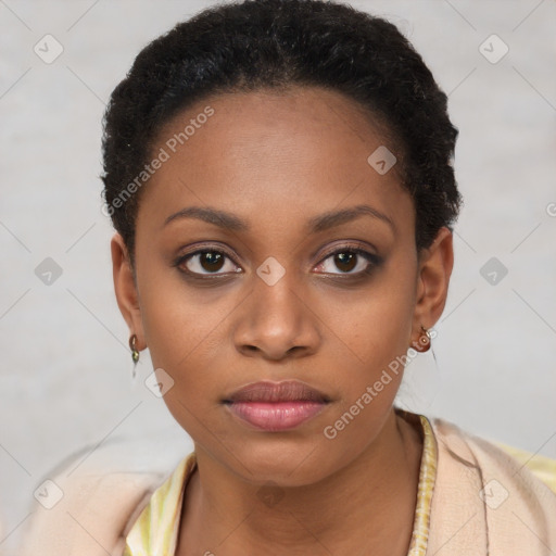 Neutral black young-adult female with short  brown hair and brown eyes