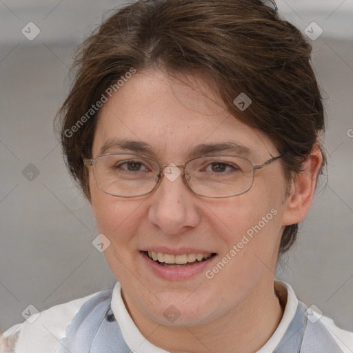 Joyful white adult female with short  brown hair and brown eyes