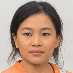 Neutral asian young-adult female with medium  brown hair and brown eyes