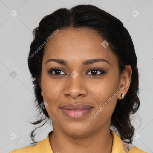 Joyful black young-adult female with medium  black hair and brown eyes