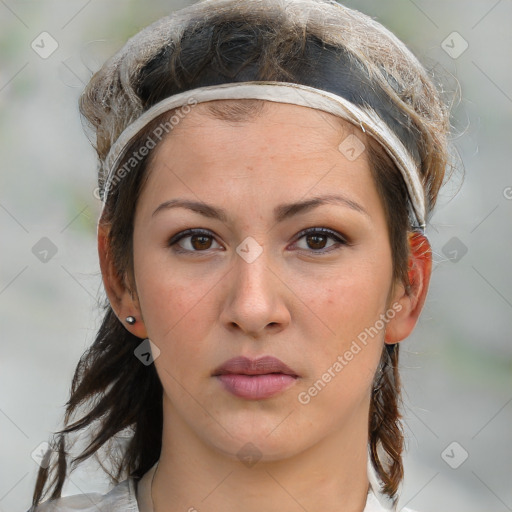 Neutral white young-adult female with medium  brown hair and brown eyes