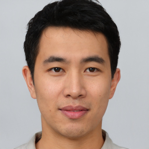 Neutral asian young-adult male with short  black hair and brown eyes