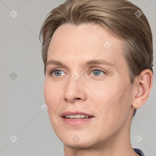 Joyful white adult female with short  brown hair and grey eyes