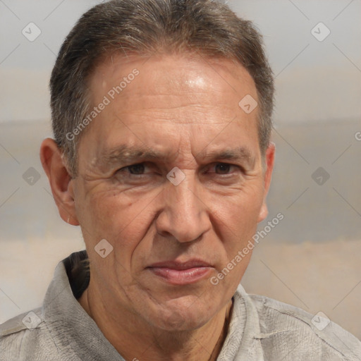 Joyful white middle-aged male with short  brown hair and brown eyes