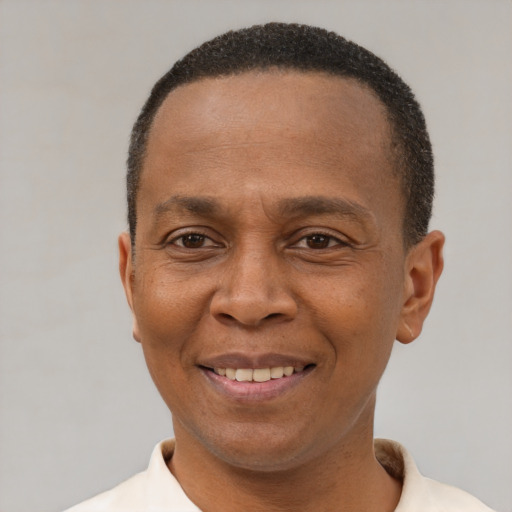 Joyful latino adult male with short  brown hair and brown eyes