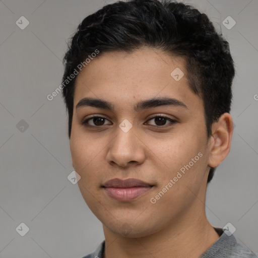 Joyful latino young-adult female with short  black hair and brown eyes