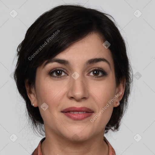 Joyful white young-adult female with medium  brown hair and brown eyes