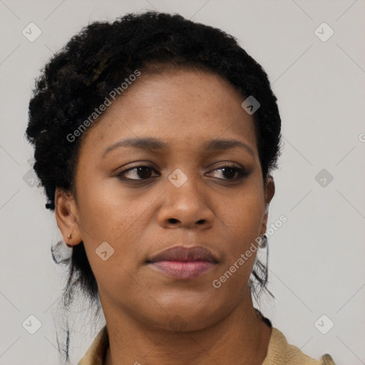 Neutral black young-adult female with short  black hair and brown eyes