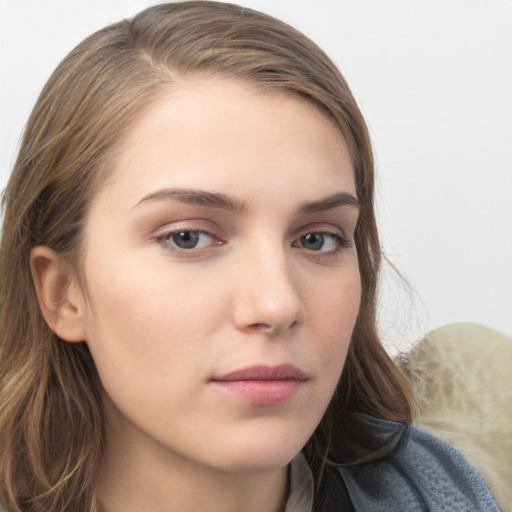 Neutral white young-adult female with long  brown hair and grey eyes