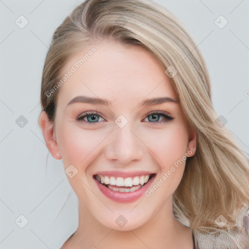 Joyful white young-adult female with medium  brown hair and blue eyes