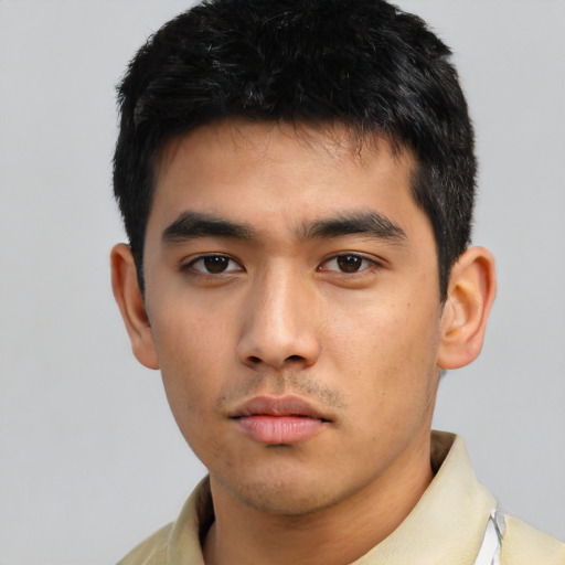 Neutral asian young-adult male with short  black hair and brown eyes