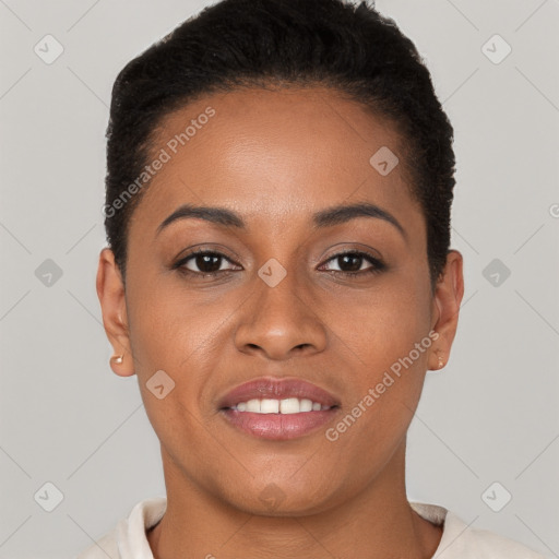 Joyful latino young-adult female with short  brown hair and brown eyes