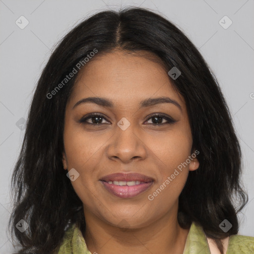 Joyful black young-adult female with medium  brown hair and brown eyes