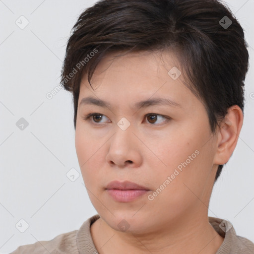 Neutral white young-adult female with short  brown hair and brown eyes