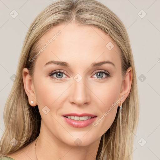 Joyful white young-adult female with long  brown hair and blue eyes