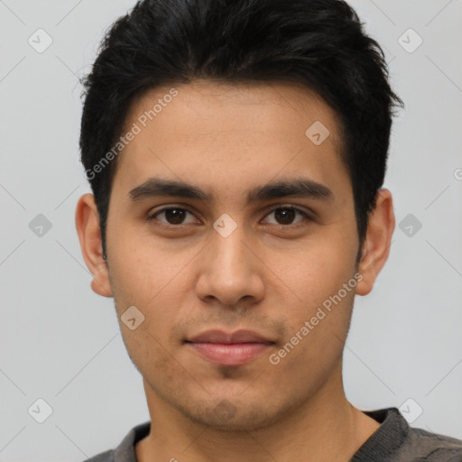 Neutral latino young-adult male with short  black hair and brown eyes