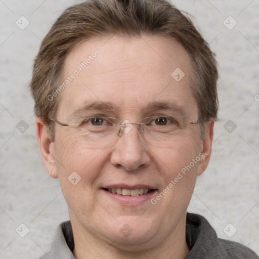 Joyful white adult female with short  brown hair and grey eyes