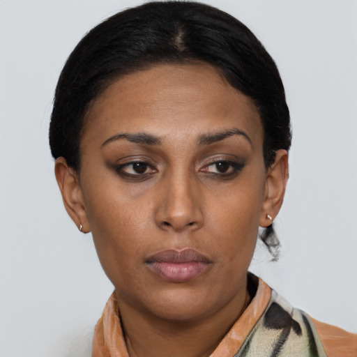 Neutral latino young-adult female with short  black hair and brown eyes