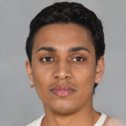 Neutral latino young-adult female with short  black hair and brown eyes