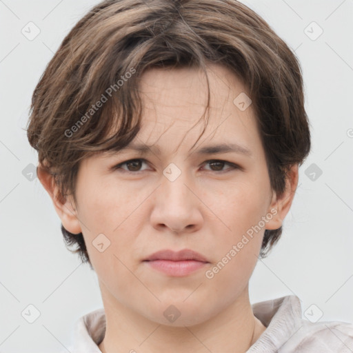 Neutral white young-adult female with medium  brown hair and brown eyes