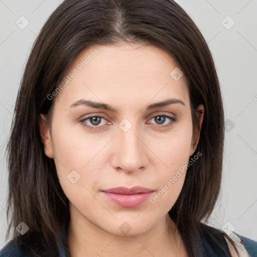 Neutral white young-adult female with medium  brown hair and brown eyes